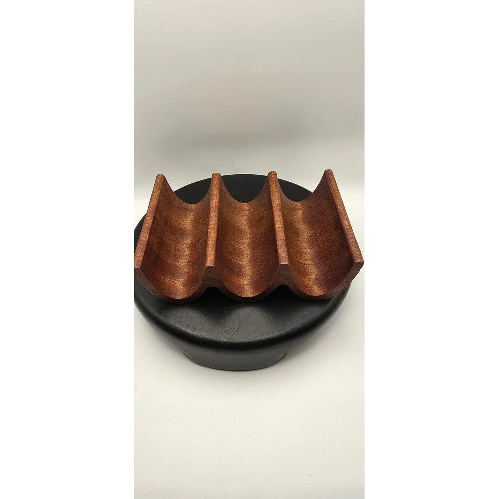 Handmade Solid Wood Taco Holder 3 Slot Wavy Serving Tray Brown Kitchen Decor